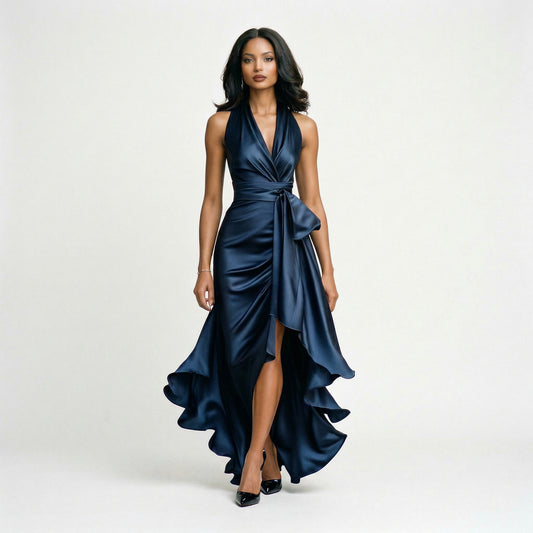 Elegant Satin Halter Gown for Wedding Guests and Formal Events