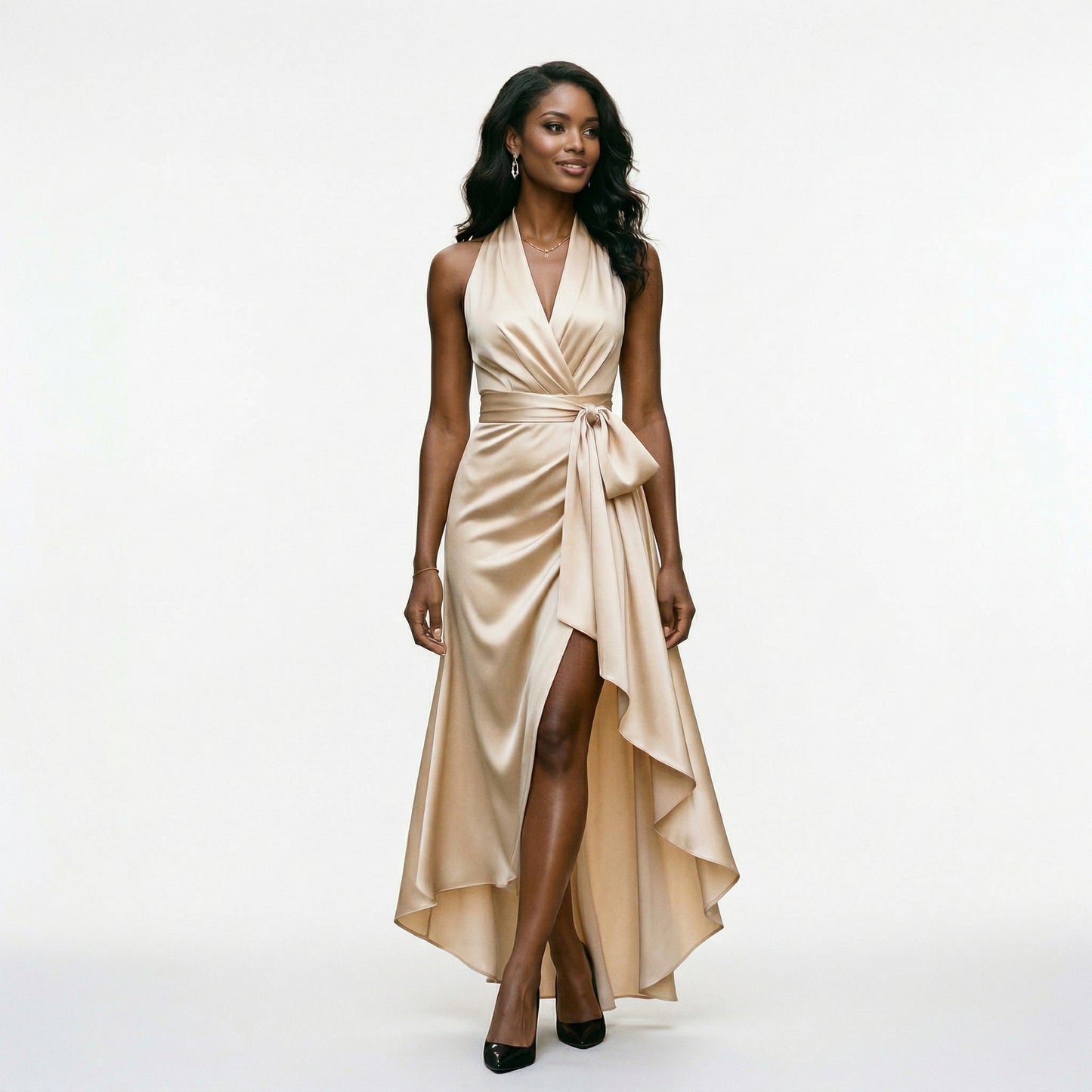 Elegant Satin Halter Gown for Wedding Guests and Formal Events – OLENOVA