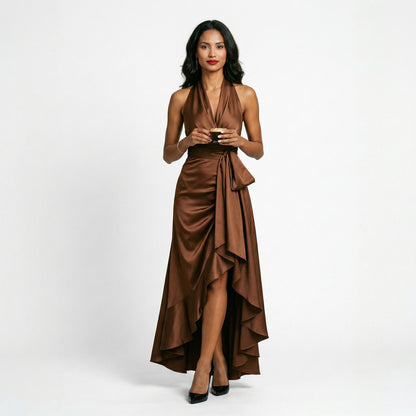 Elegant Satin Halter Gown for Wedding Guests and Formal Events
