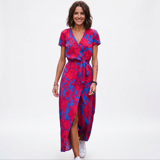 Elegant Short Sleeve Maxi Dress for Women with Wrap Neckline and Waist Tie DONE
