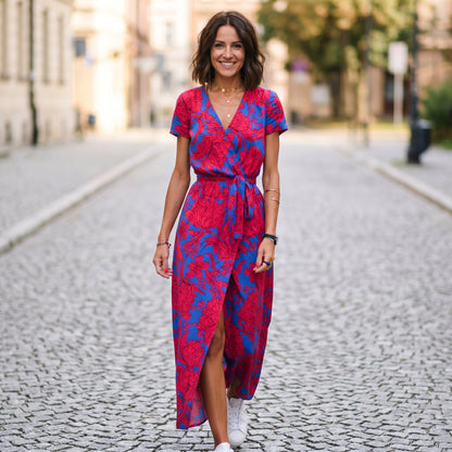 Elegant Short Sleeve Maxi Dress for Women with Wrap Neckline and Waist Tie DONE