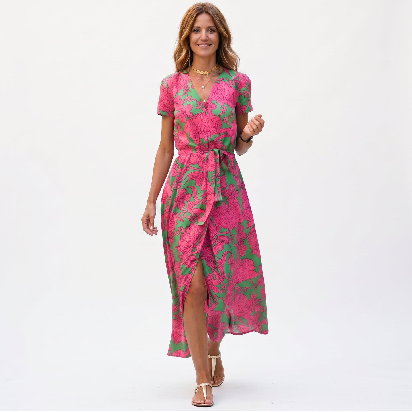 Elegant Short Sleeve Maxi Dress for Women with Wrap Neckline and Waist Tie DONE