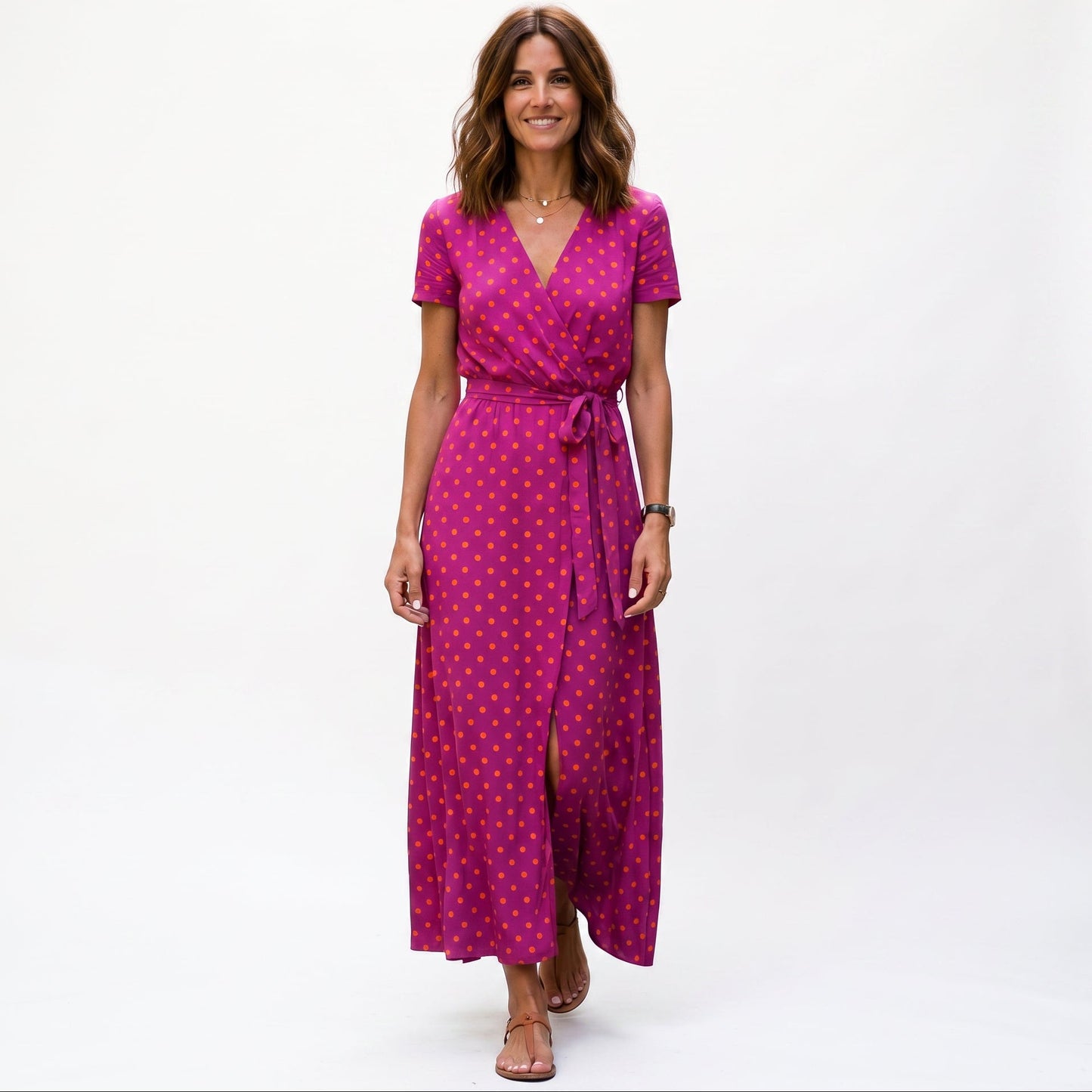 Elegant Short Sleeve Maxi Dress for Women with Wrap Neckline and Waist Tie DONE