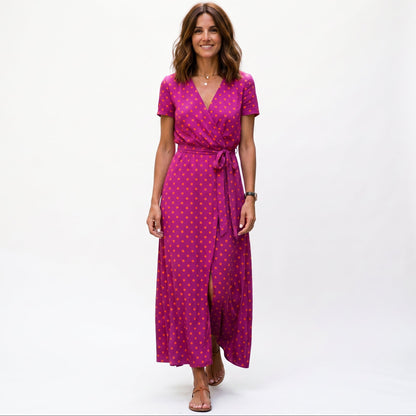 Elegant Short Sleeve Maxi Dress for Women with Wrap Neckline and Waist Tie DONE