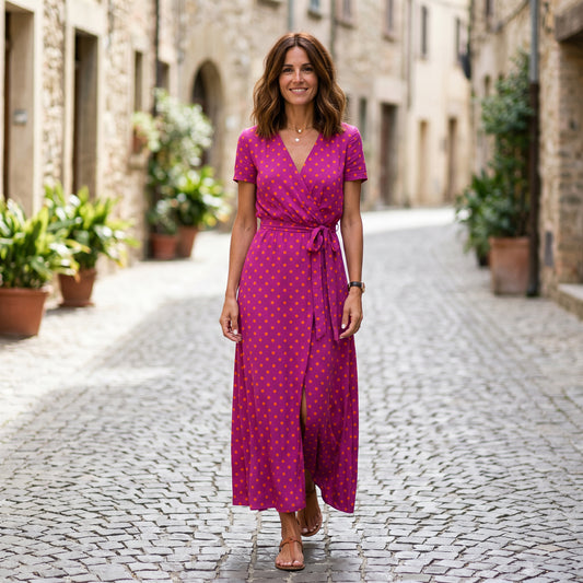 Elegant Short Sleeve Maxi Dress for Women with Wrap Neckline and Waist Tie DONE