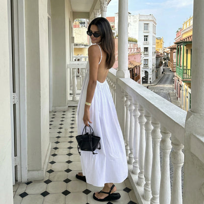 Elegant White Maxi Dress for Women with Open Back Design