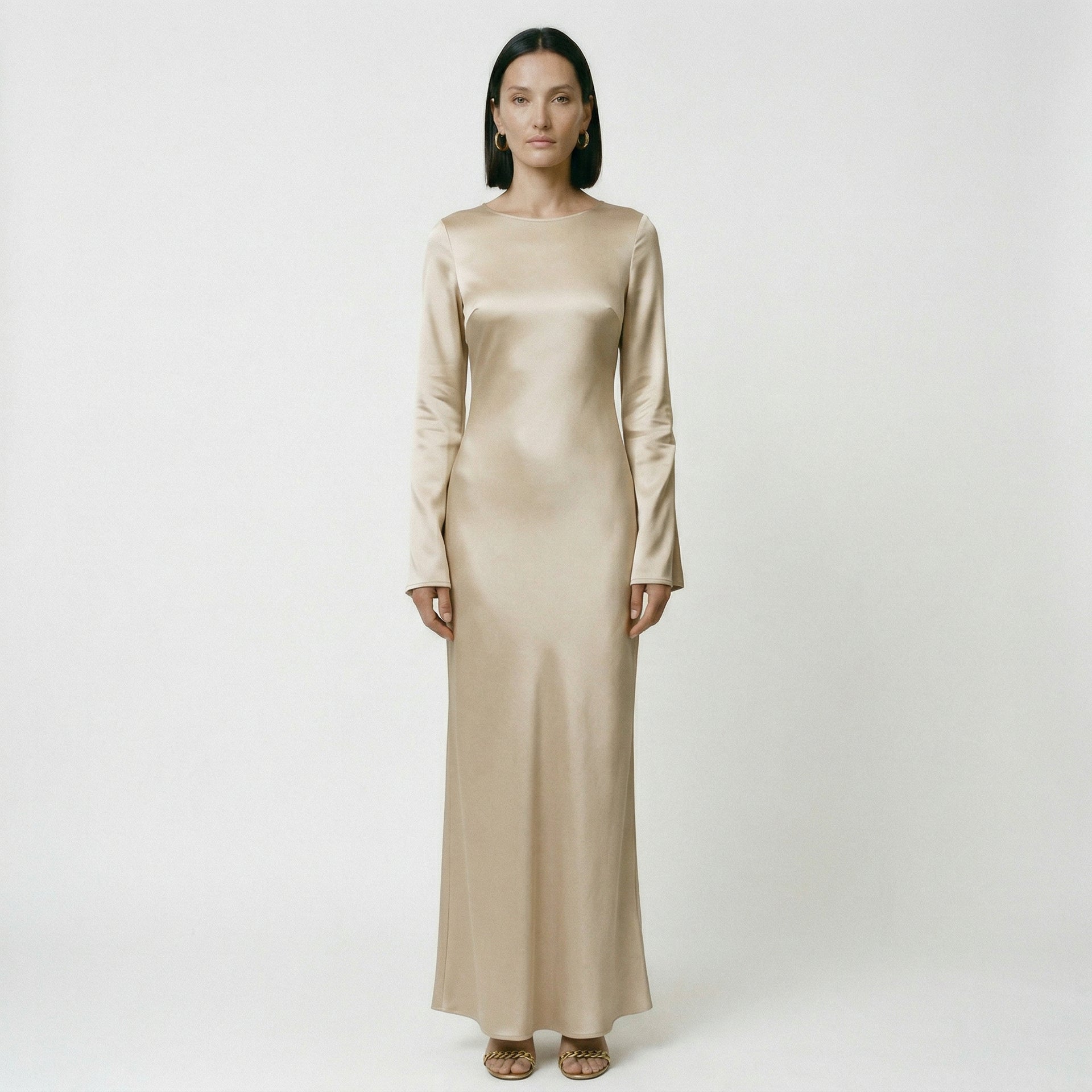 Elegant Women's Long Sleeve Maxi Dress with Tie Waist  OLENOVA