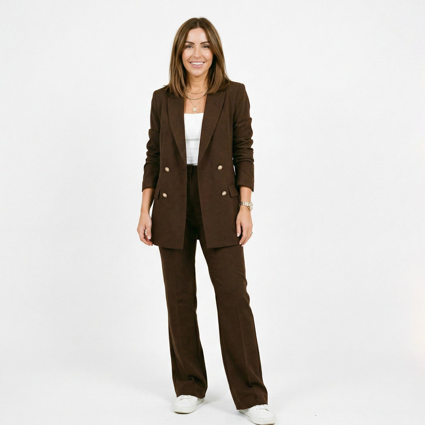 Elegant Women's Suit with Long Jacket and Flared Pants
