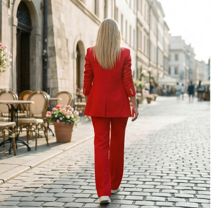 Elegant Women's Suit with Long Jacket and Flared Pants