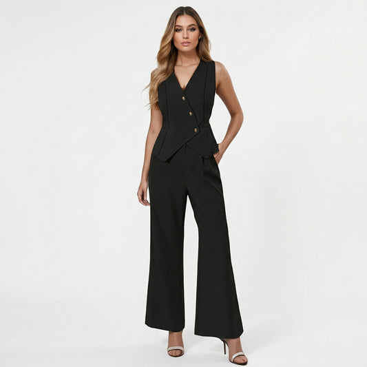 Elegant Womens Outfit with Sleeveless Vest and Wide Leg Trousers Set