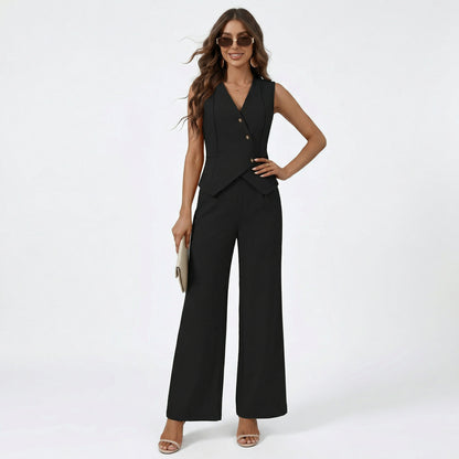 Elegant Womens Outfit with Sleeveless Vest and Wide Leg Trousers Set