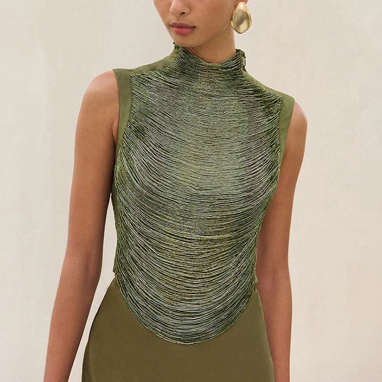 Elegant Two Piece Skirt Set for Women - Sleeveless Top and Slim Green Skirt 5