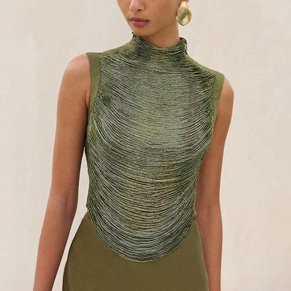 Elegant Two Piece Skirt Set for Women - Sleeveless Top and Slim Green Skirt 5