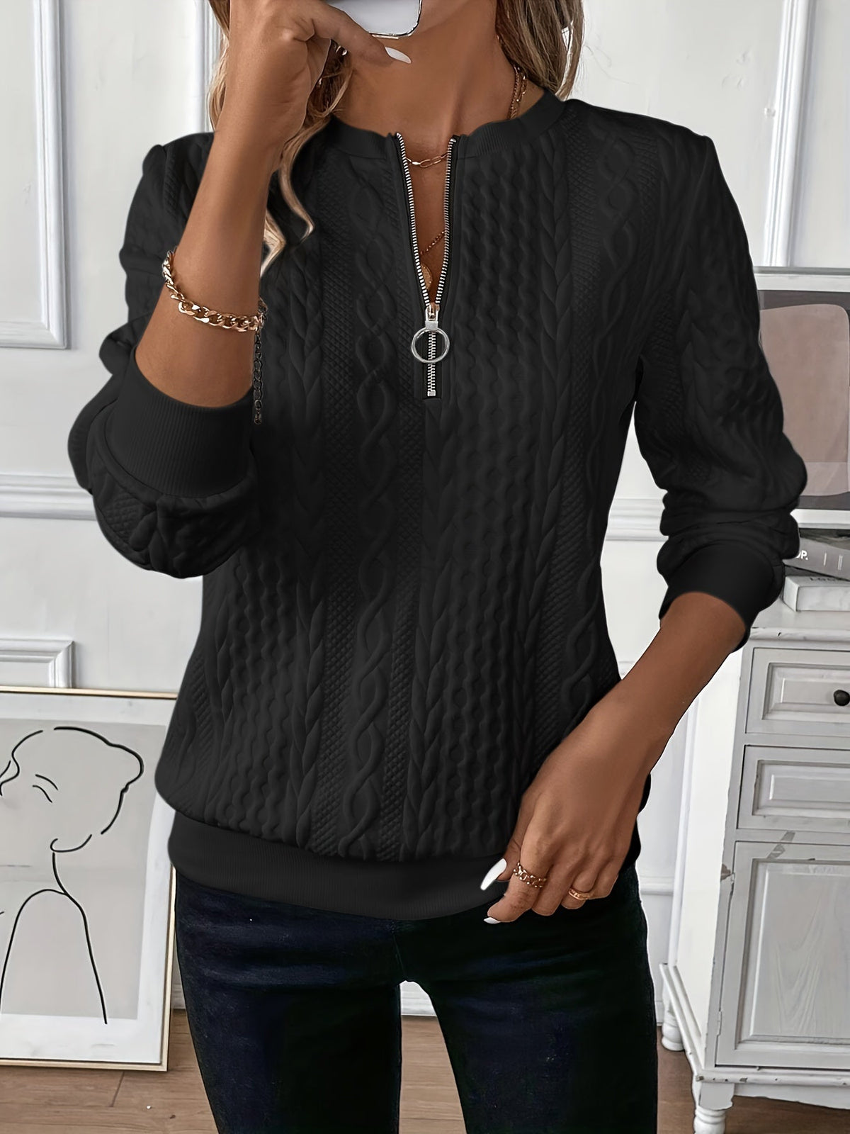 Rosalind - Women's Cable Texture Ring Zip Pullover - view 3