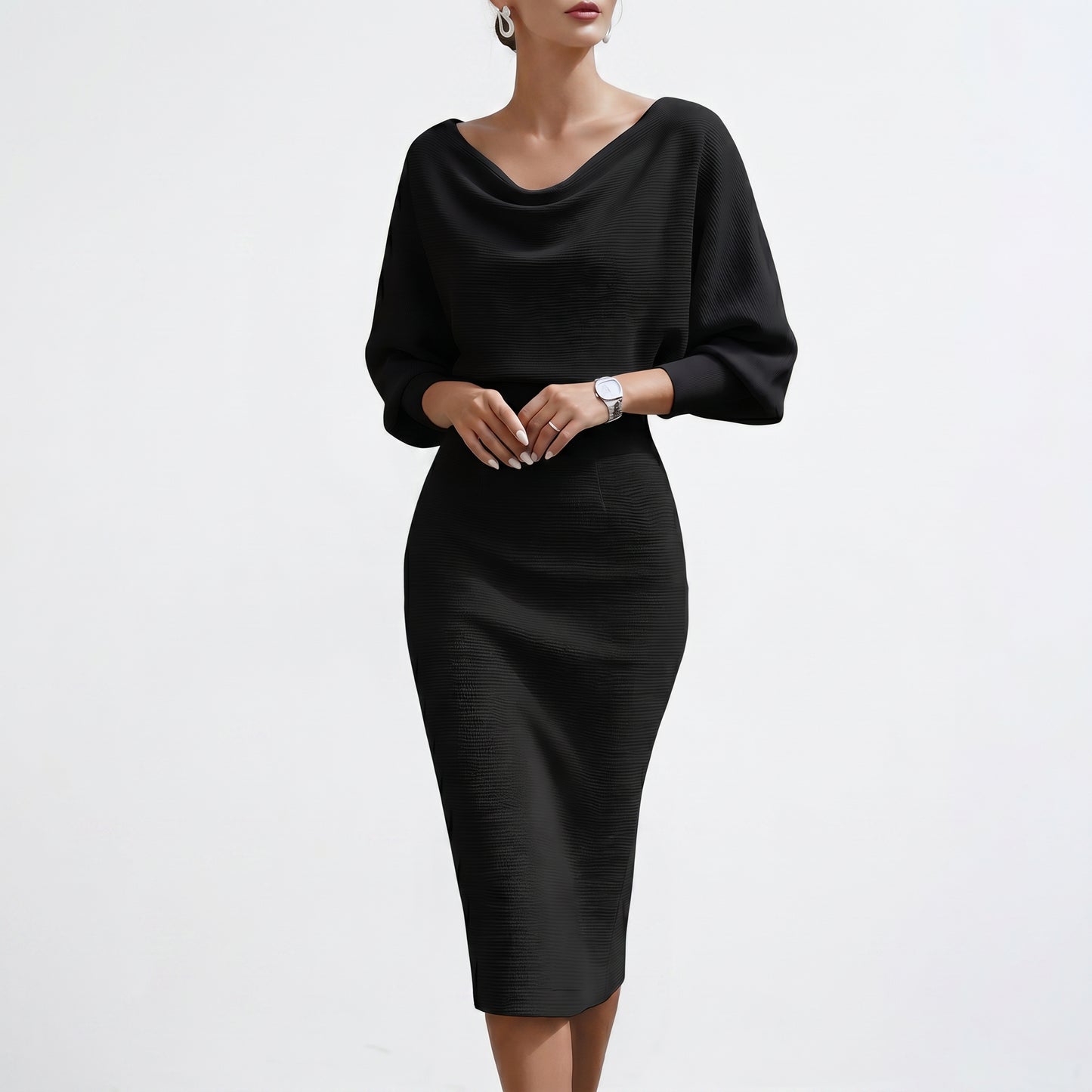 Elisabeth - Elegant White Long Sleeve Midi Dress