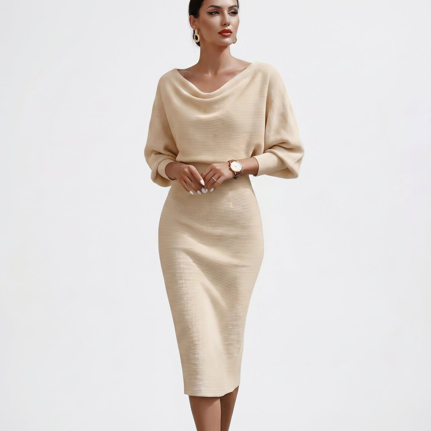 Elisabeth - Elegant White Long Sleeve Midi Dress