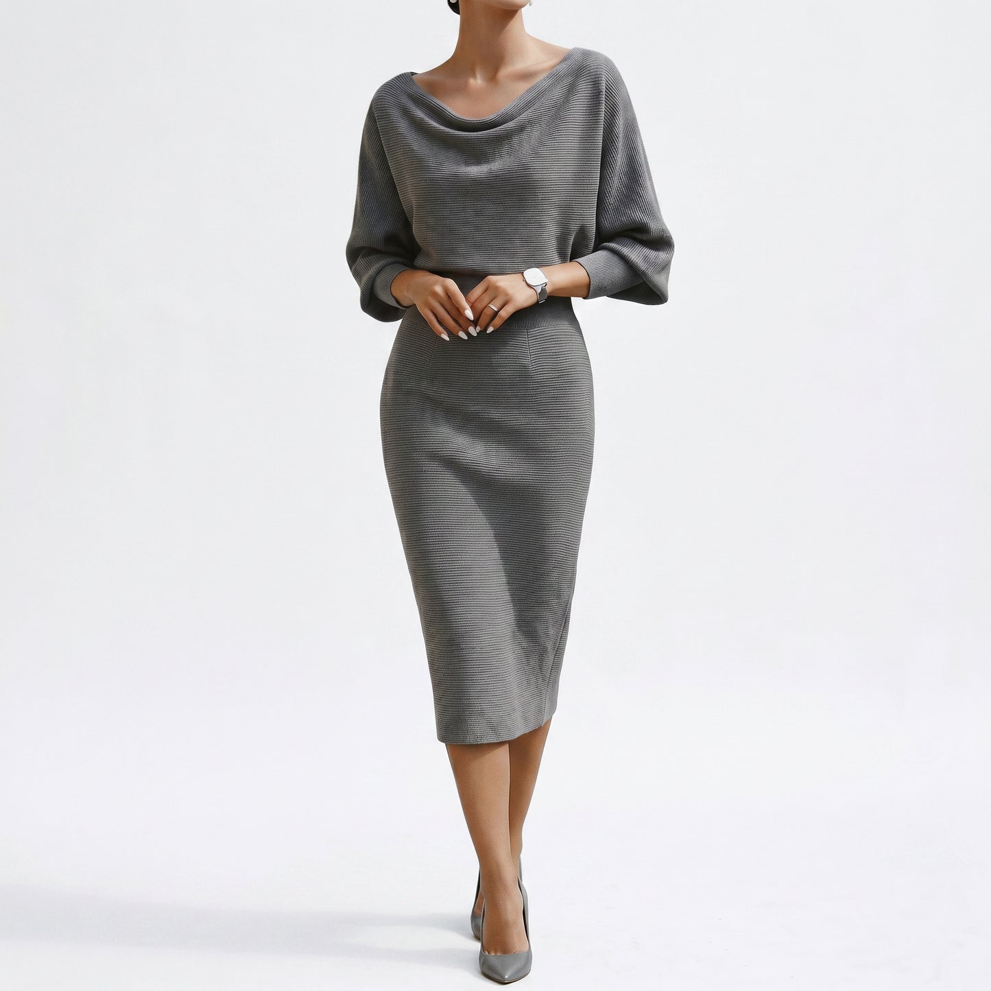 Elisabeth - Elegant White Long Sleeve Midi Dress
