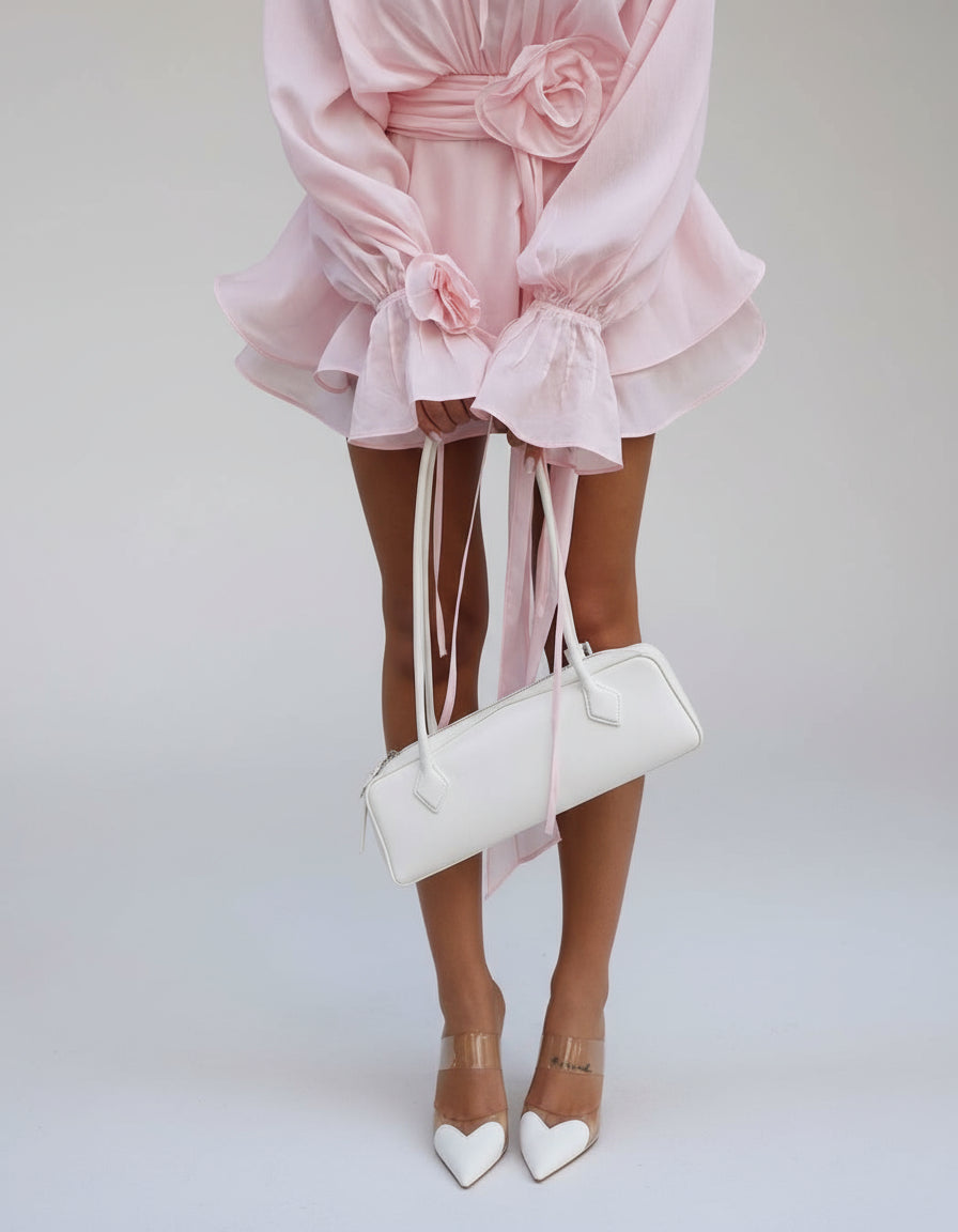 Ella | Chic Blush Long Sleeve Mini Dress with Waist Tie 2
