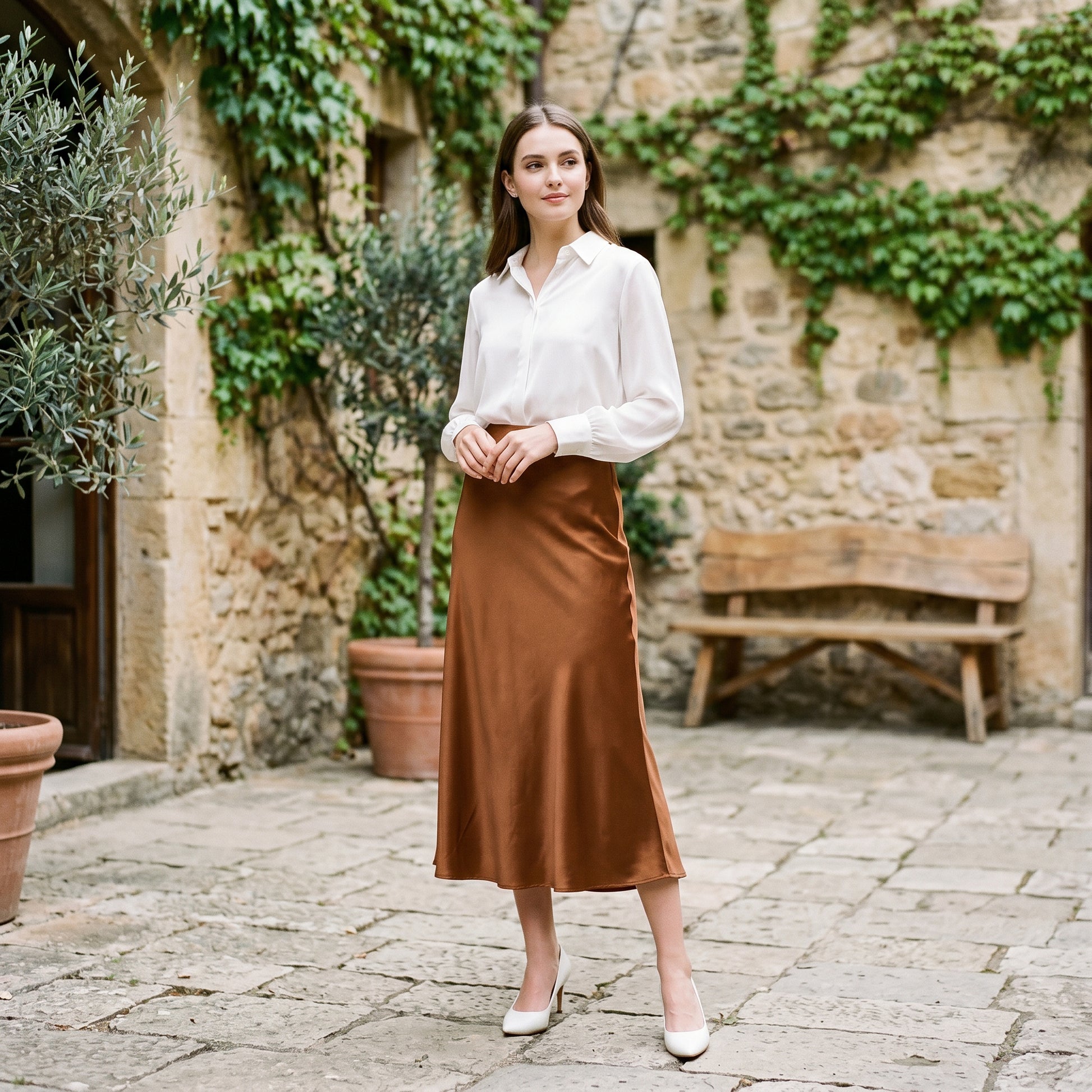 Isabella - Elegant Silk Midi Skirt with Elastic Waistband DONE 06-22-2026