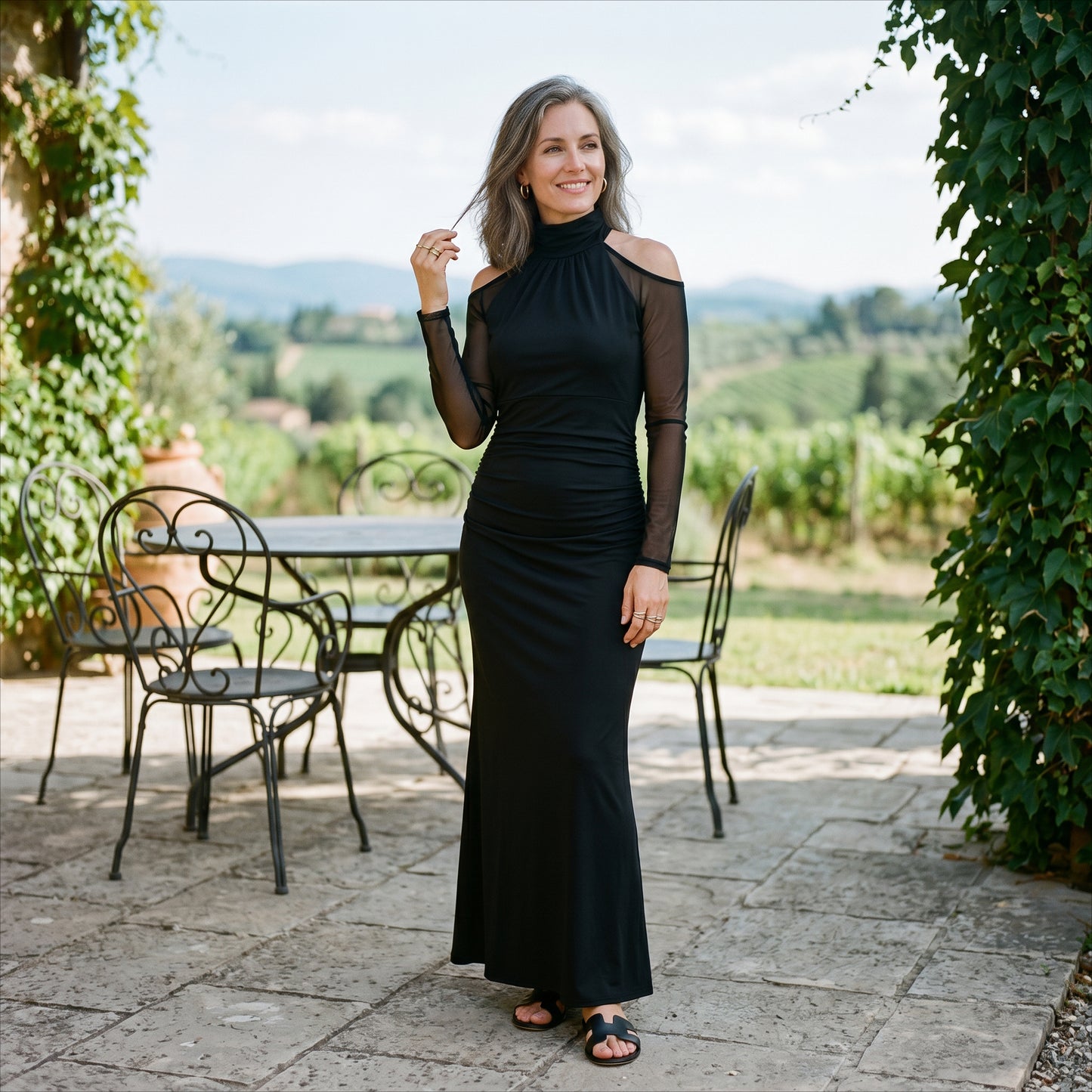 Juliana - Elegant Black Satin Evening Gown with Sheer Mesh Sleeves