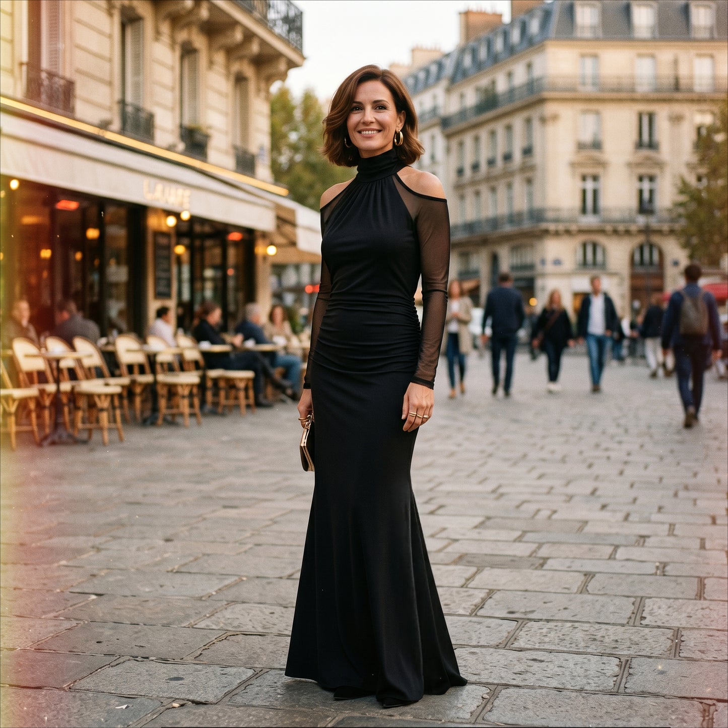 Juliana - Elegant Black Satin Evening Gown with Sheer Mesh Sleeves