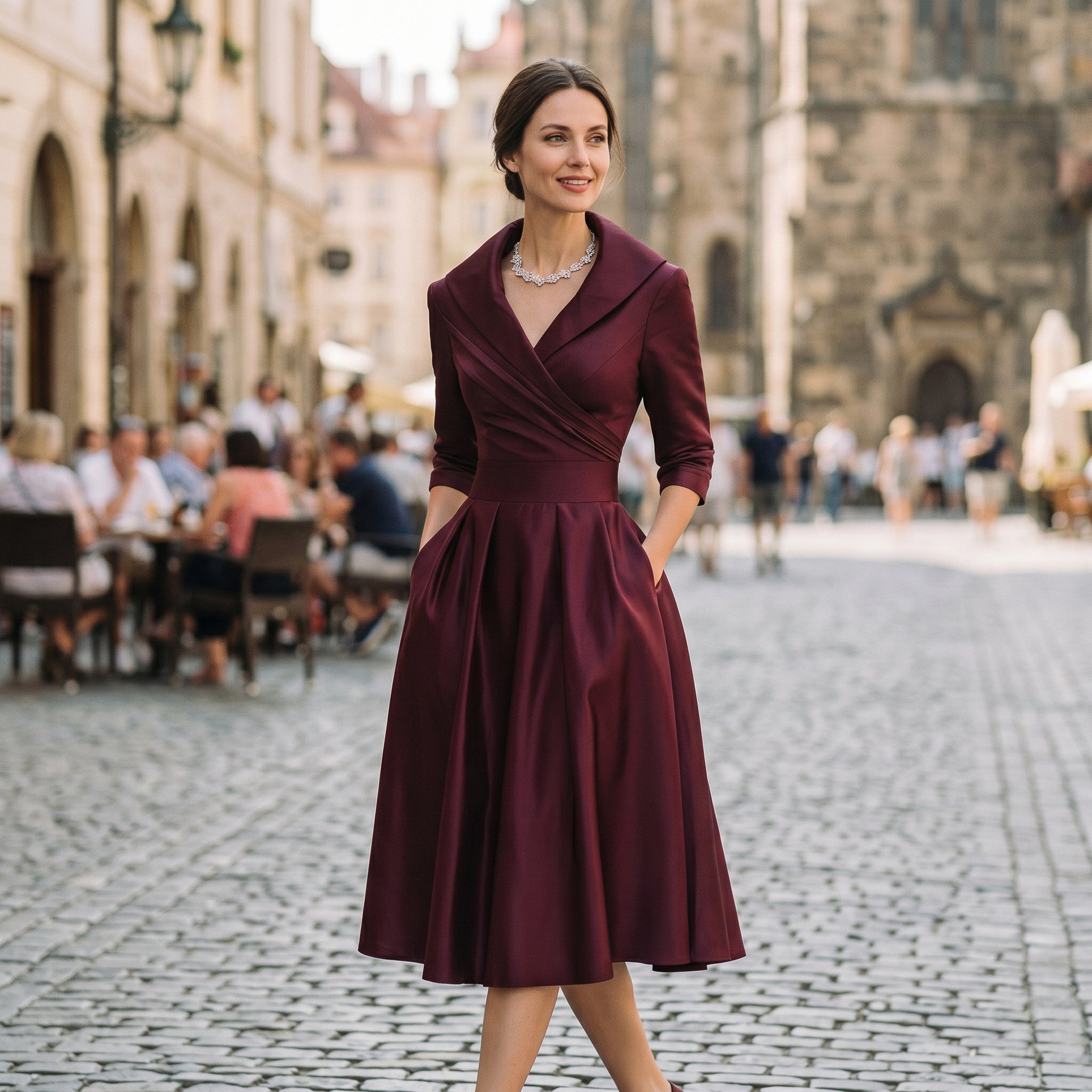 Karla - Elegant Satin Midi Wedding Guest Dress