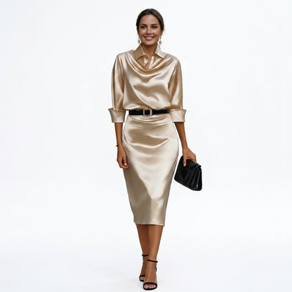 Katherine - Cocktail Satin Midi Dress for Wedding Guests