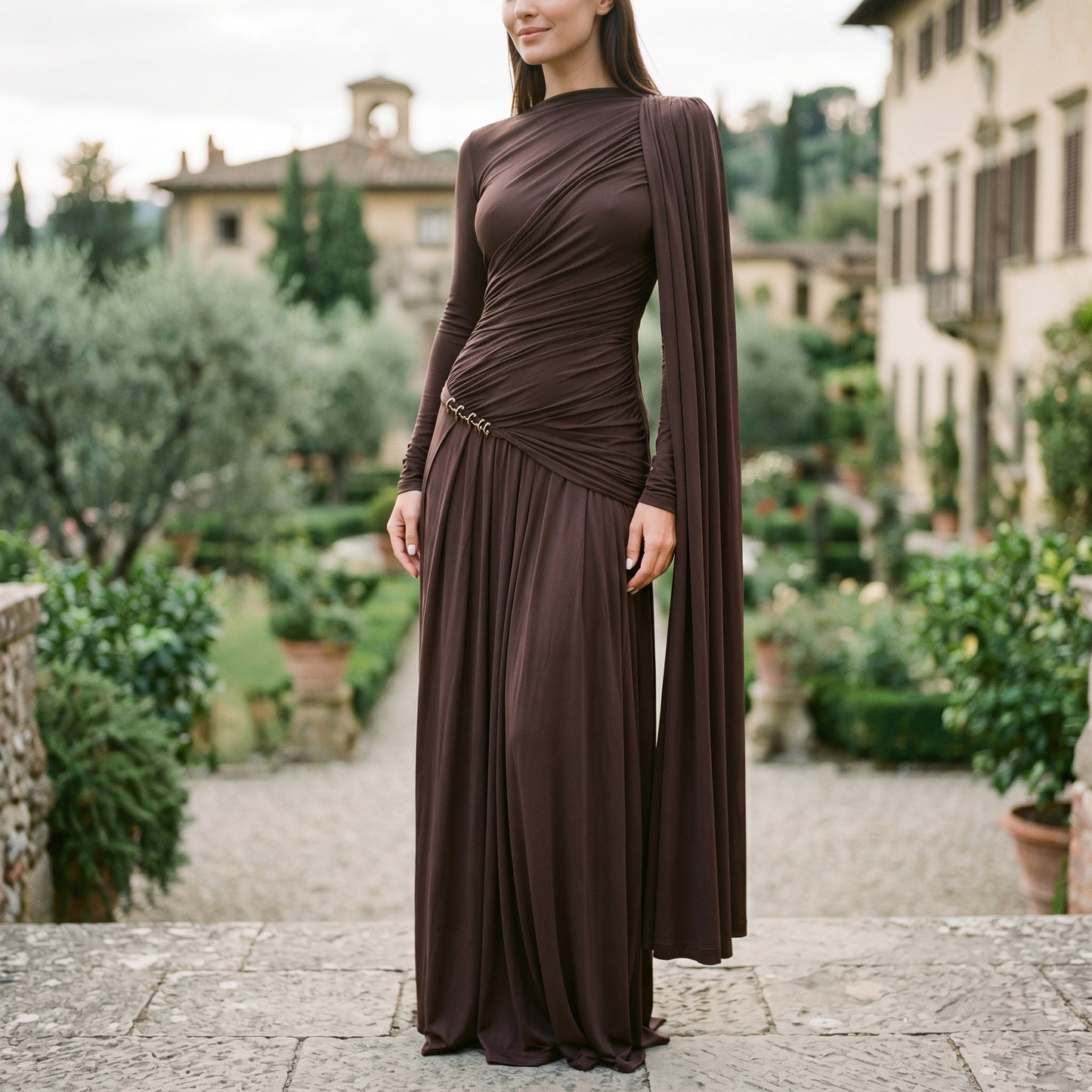 Mia | Elegant Fitted Maxi Dress with Draped Panel DONE 05-26-2026