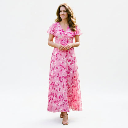 Mia | Romantic Peach Floral Summer Maxi Dress for Wedding Guests DONE 06-05-2026