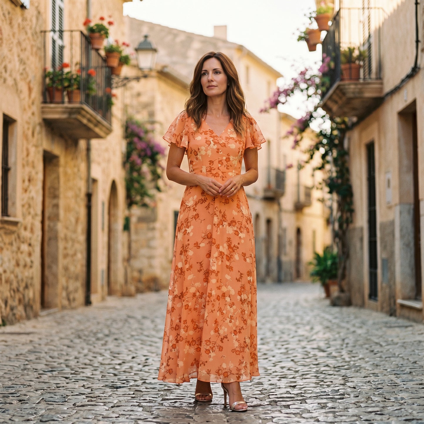 Mia | Romantic Peach Floral Summer Maxi Dress for Wedding Guests DONE 06-05-2026