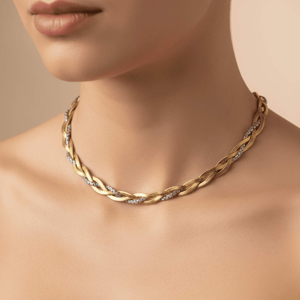 Minimalist Braided Stainless Steel Necklace with White Zircons