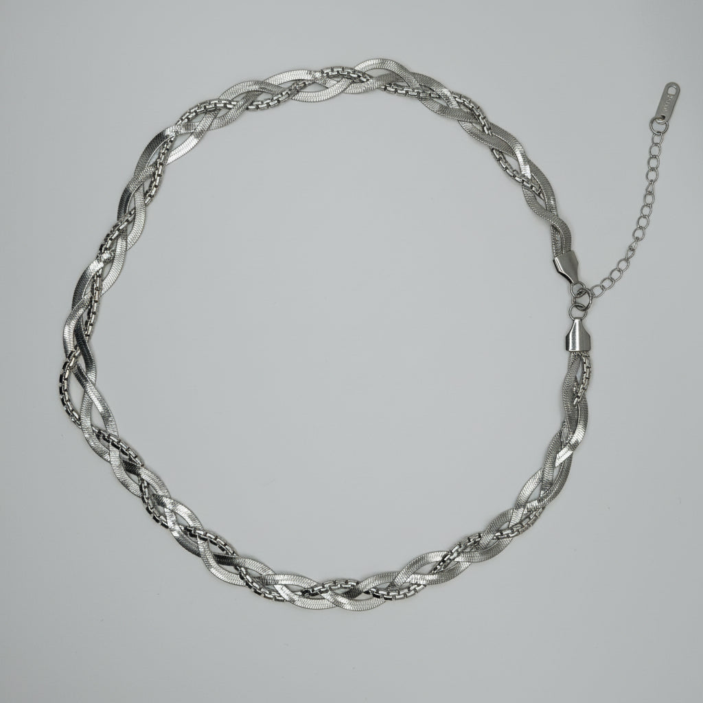 Minimalist Braided Stainless Steel Necklace with White Zircons