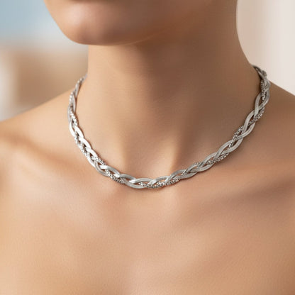 Minimalist Braided Stainless Steel Necklace with White Zircons