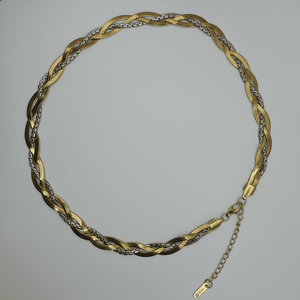 Minimalist Braided Stainless Steel Necklace with White Zircons