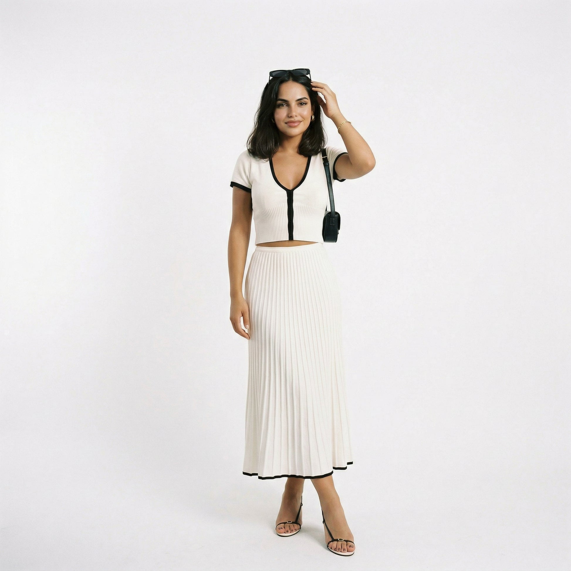 Minimalist Contrast Trim Sweater Skirt Set for Women