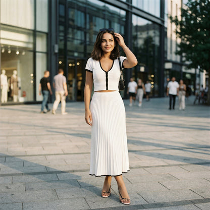 Minimalist Contrast Trim Sweater Skirt Set for Women