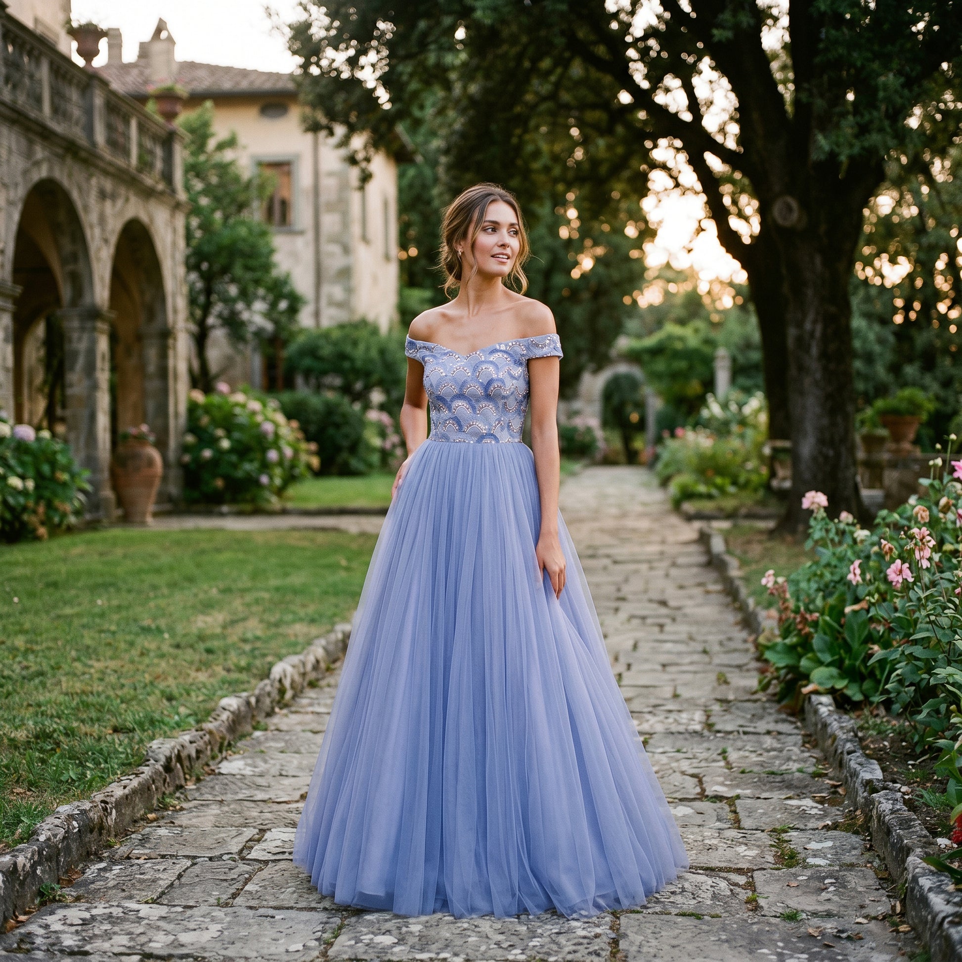 Natalia - Elegant Floral Off the Shoulder Formal Dress DONE 06-11-2026
