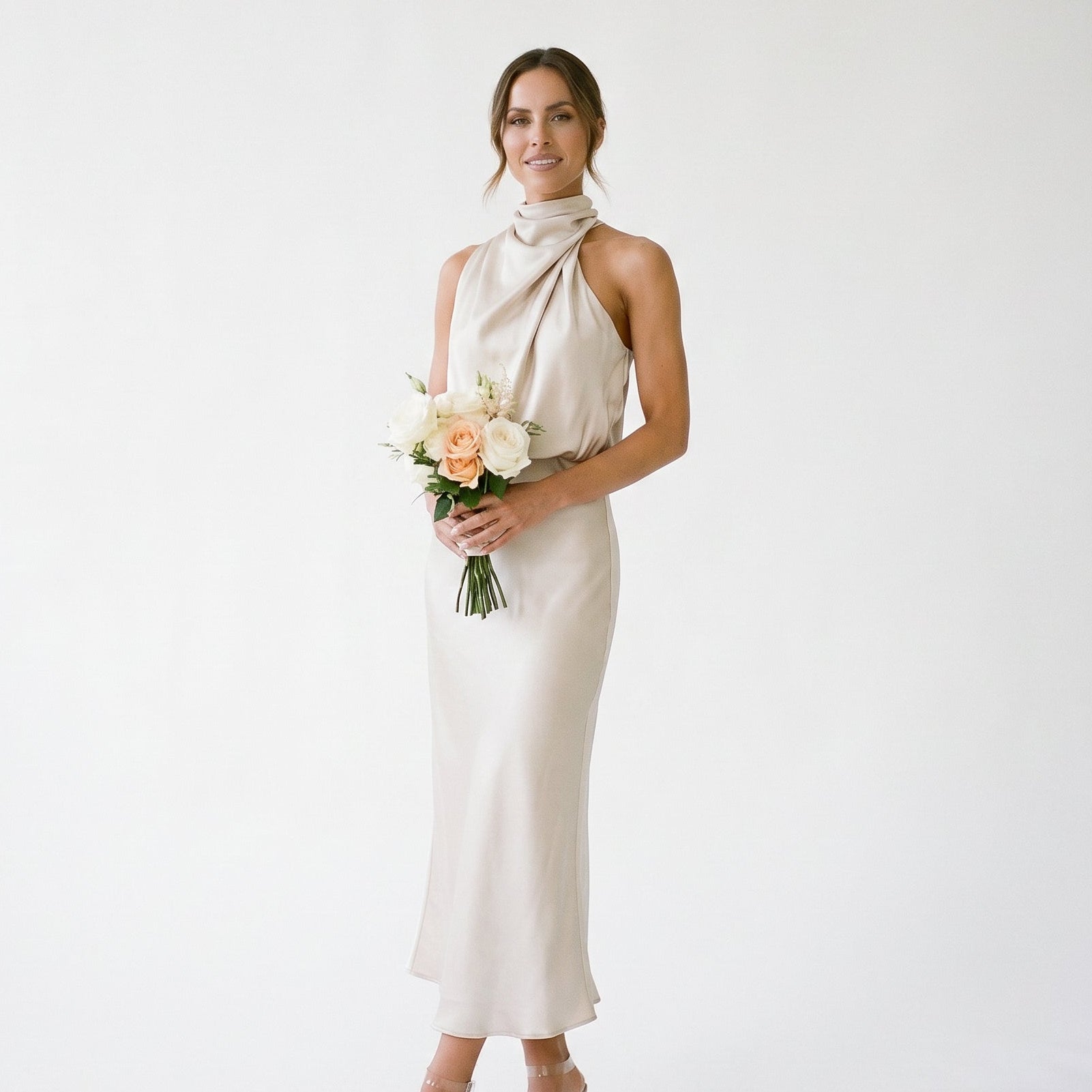 Olivia | Elegant Draped Summer Midi Dress for Weddings DONE 05-27-2026