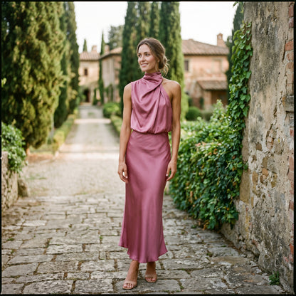 Olivia | Elegant Draped Summer Midi Dress for Weddings DONE 05-27-2026