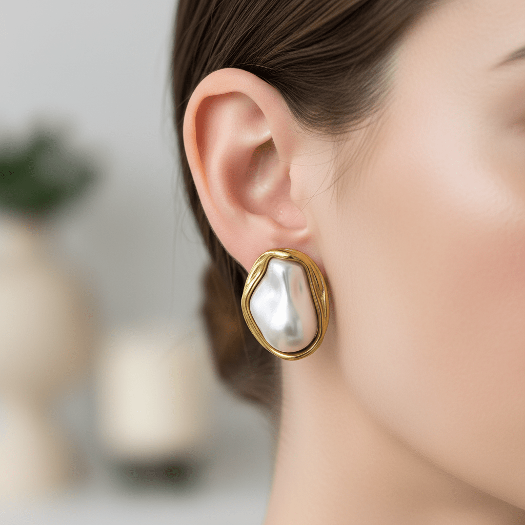 Sculptural Pearl Earrings in a Gold Frame