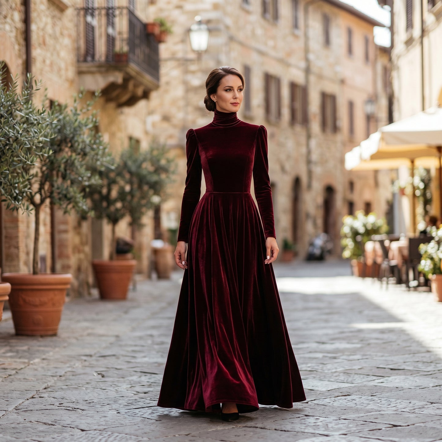 Sophia - Elegant Velvet Long-Sleeve Wedding Guest Gown DONE