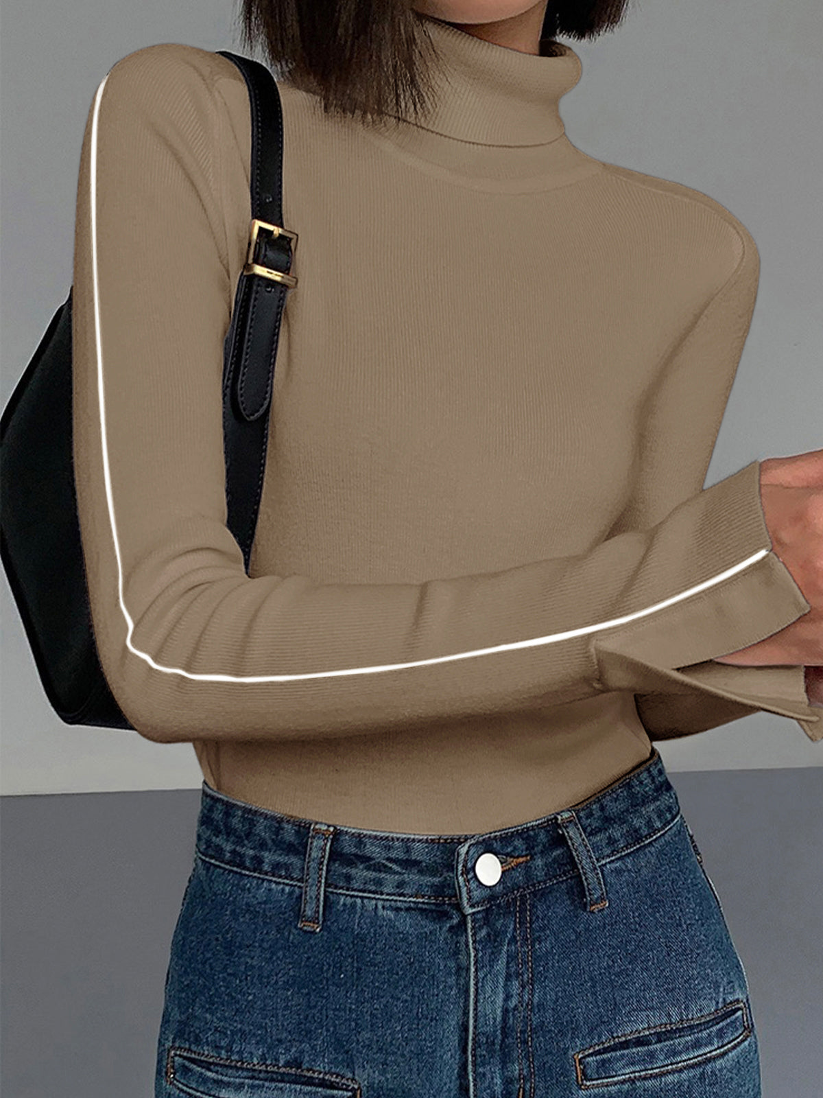 Stylish Turtleneck Sweater with Contrast Piping 13