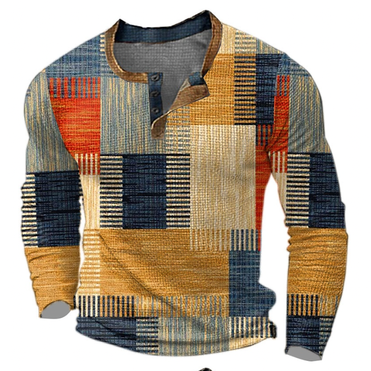 Henrik - Men's Patchwork Print Henley Sweatshirt - view 1