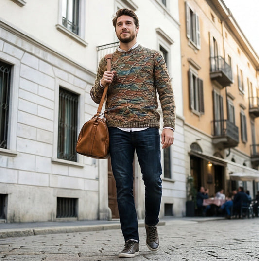 Textured Men's Cotton Crewneck Sweater for Autumn and Winter