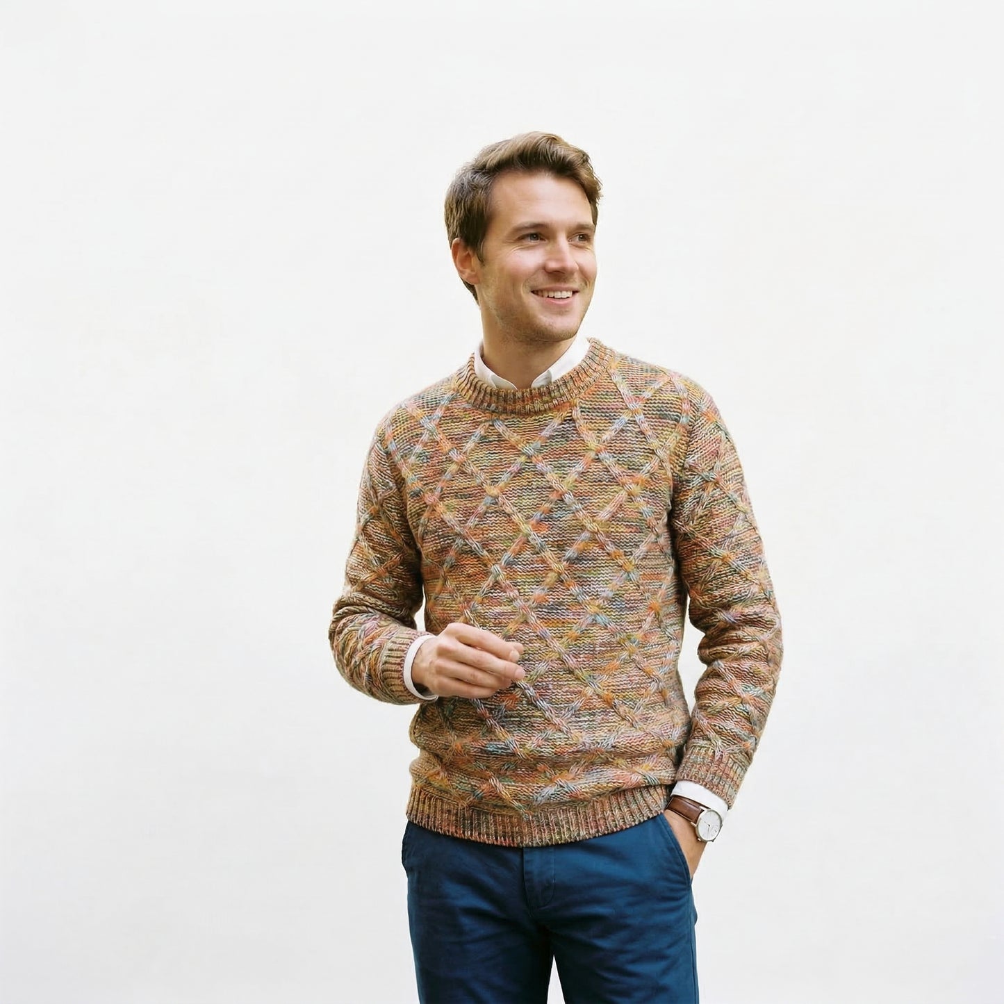 Textured Men's Cotton Crewneck Sweater for Autumn and Winter
