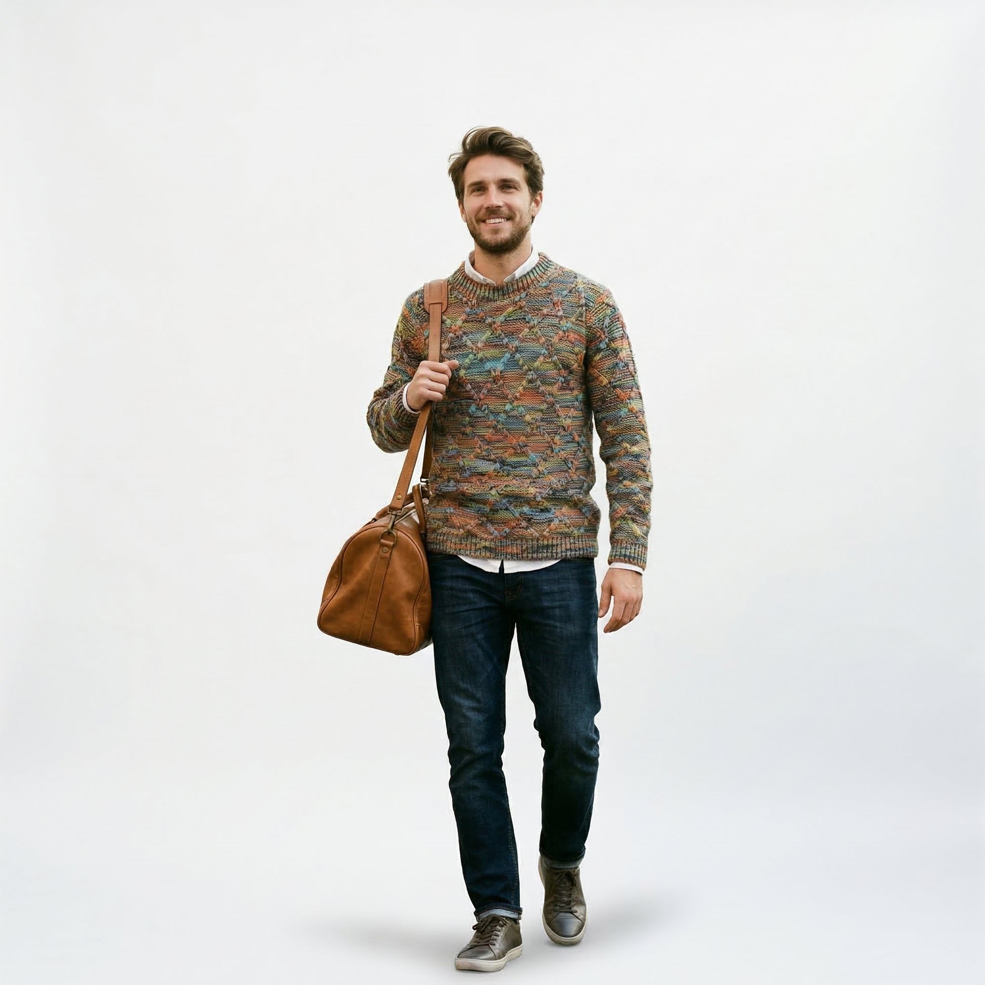 Textured Men's Cotton Crewneck Sweater for Autumn and Winter