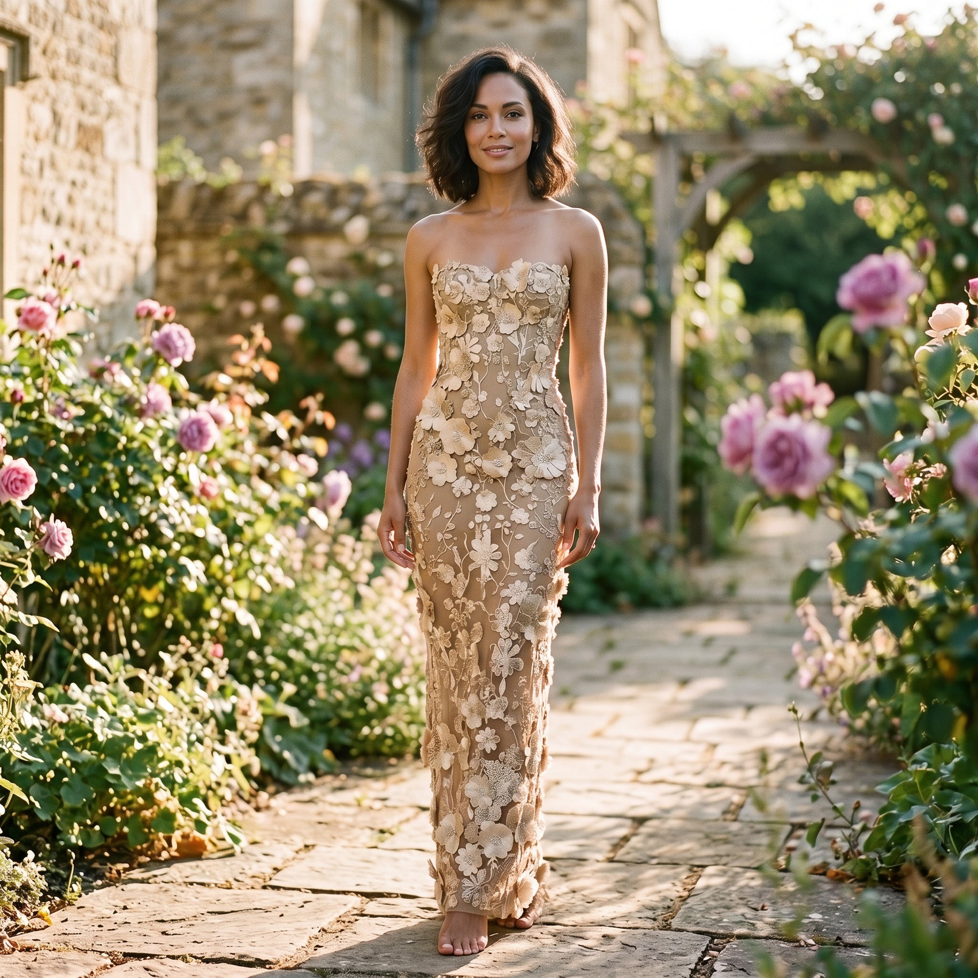 Tracy - Elegant Strapless Summer Dress with 3D Flowers
