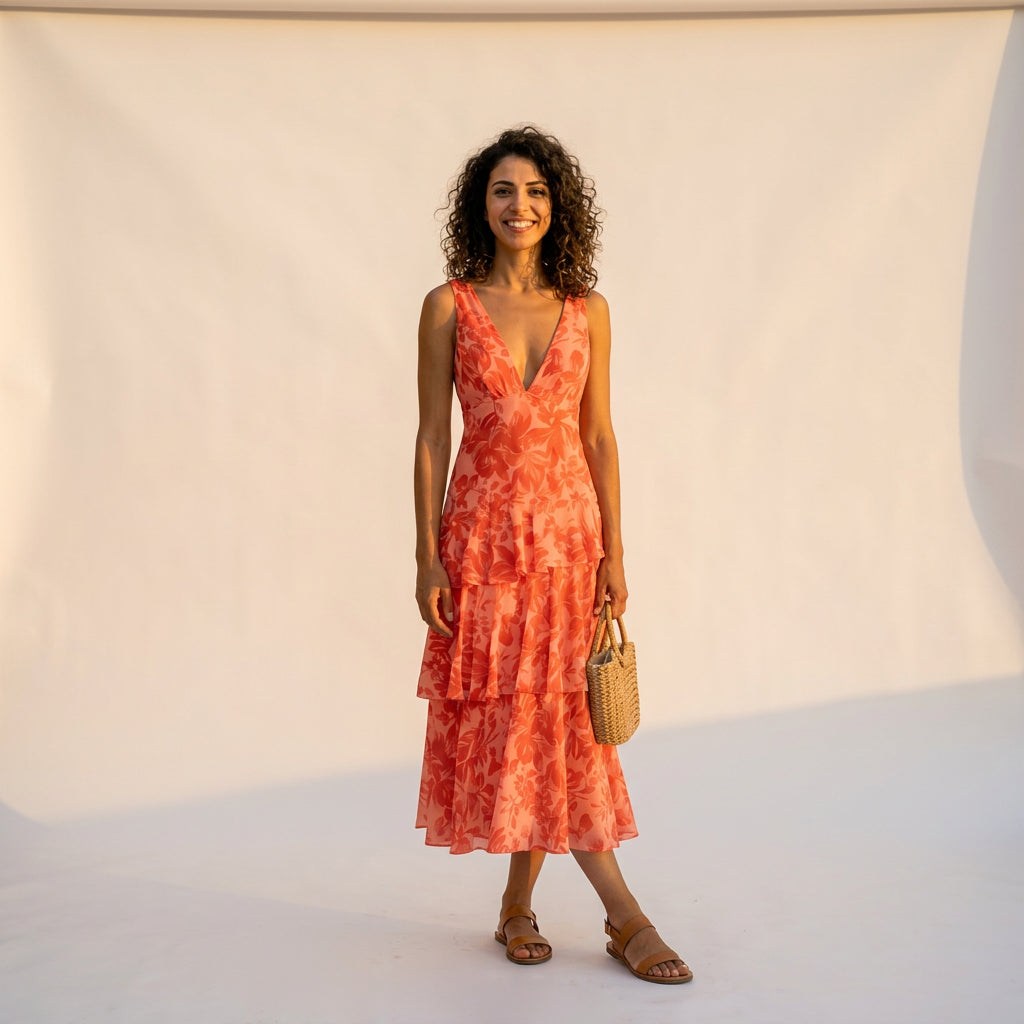 Vibrant Coral Floral Summer Dress for Weddings and Cocktail Events