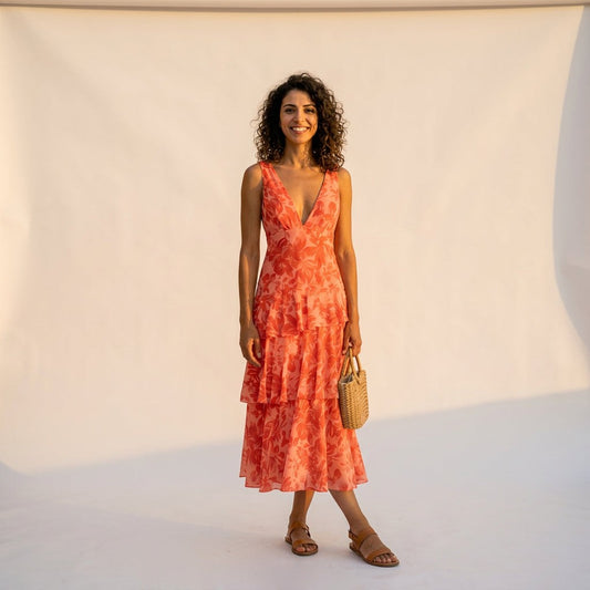 Vibrant Coral Floral Summer Dress for Weddings and Cocktail Events