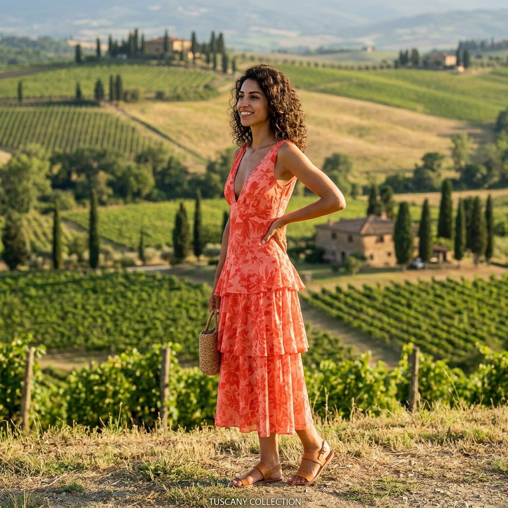 Vibrant Coral Floral Summer Dress for Weddings and Cocktail Events